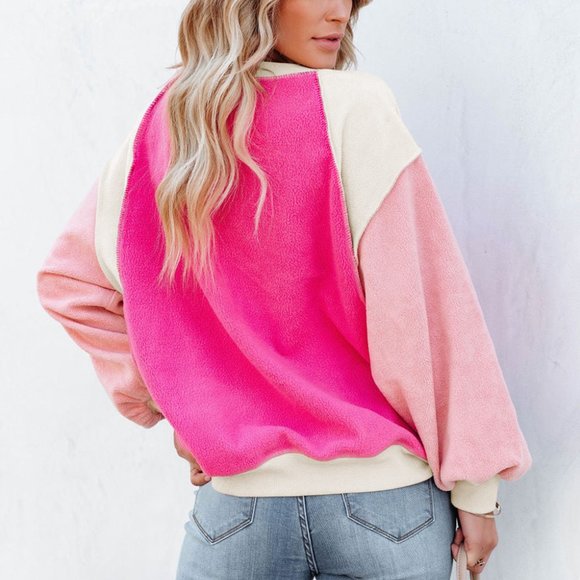 Rose Colorblock Long Sleeve Pullover Fleece Sweatshirt - Picture 4 of 16